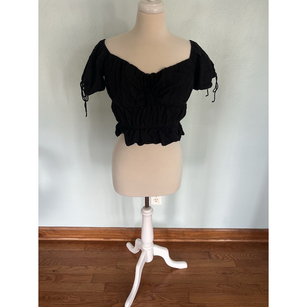 Majorelle Cropped Blouse Top‎ Women's XS Prairiecore Ruffle Bow Tie Sleeves
